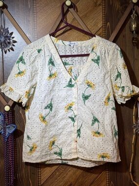 Madewell Pale Yellow Eyelet Blouse with Yellow & Green Floral Print